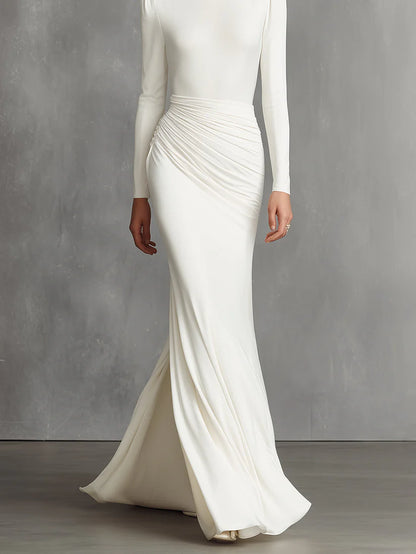 Elegant White Elegant Satin Ruched Mermaid Maxi Dress Prom Dress