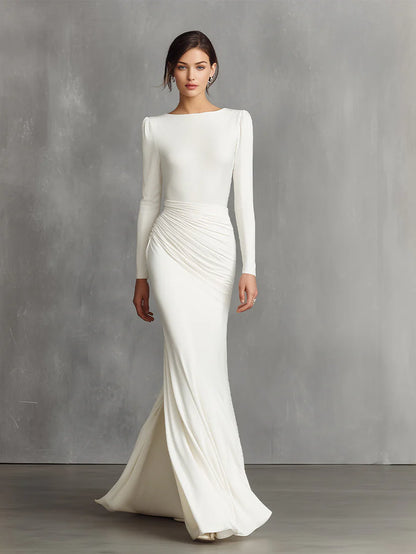 Elegant White Elegant Satin Ruched Mermaid Maxi Dress Prom Dress