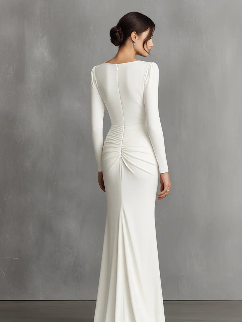 Elegant White Elegant Satin Ruched Mermaid Maxi Dress Prom Dress