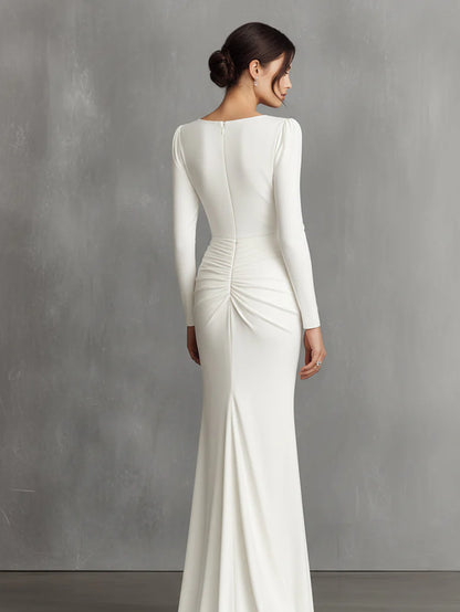 Elegant White Elegant Satin Ruched Mermaid Maxi Dress Prom Dress