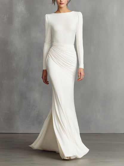 Elegant White Elegant Satin Ruched Mermaid Maxi Dress Prom Dress