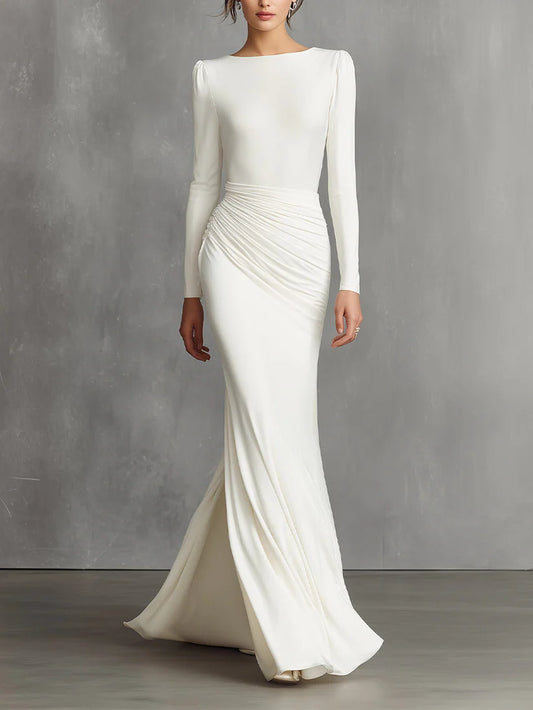 Elegant White Elegant Satin Ruched Mermaid Maxi Dress Prom Dress