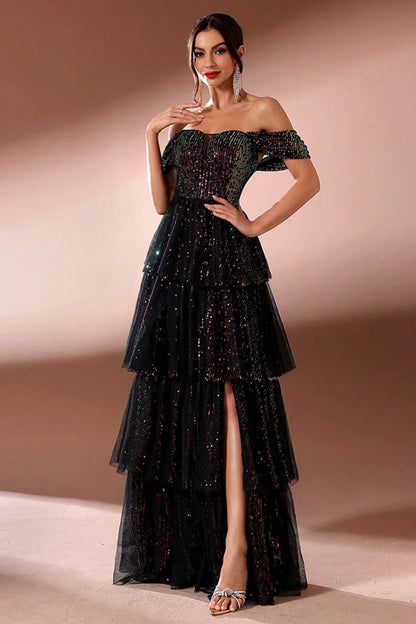 Sparkly Black A Line Tiered Off The Shoulder Long Prom Dress with Slit