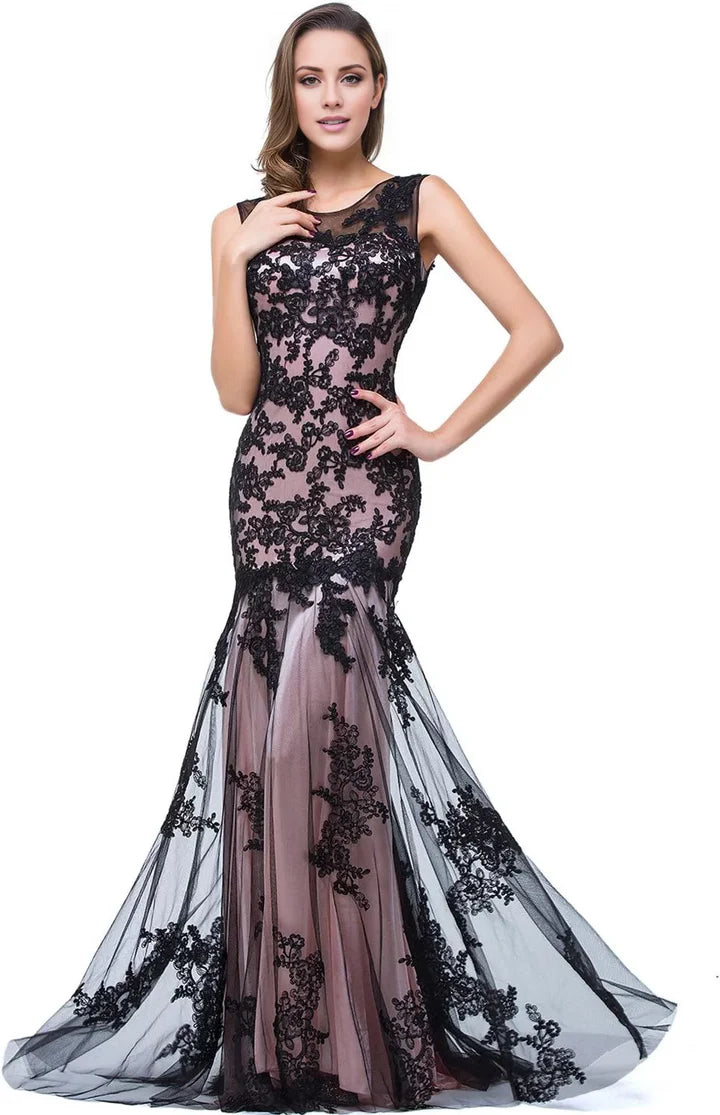 Fashion Lace Illusion Neckline Sleeveless Back Zip Mermaid Floor-Length Prom Dress