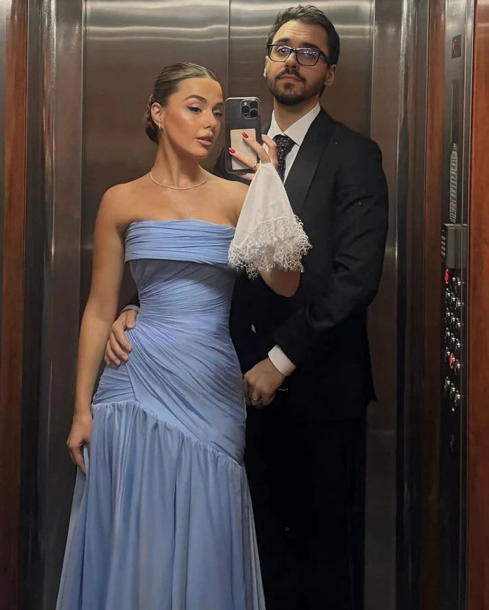 Graceful Mermaid Strapless Blue Chiffon Ruched Pleated Sleeveless Prom Dress Formal Evening Dress Party Gowns
