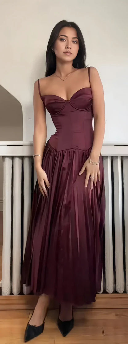 Stunning A Line Spaghetti Strap Pleated Dark Burgundy Satin Long Party Dress