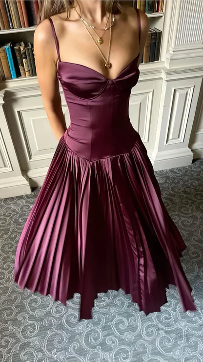 Stunning A Line Spaghetti Strap Pleated Dark Burgundy Satin Long Party Dress