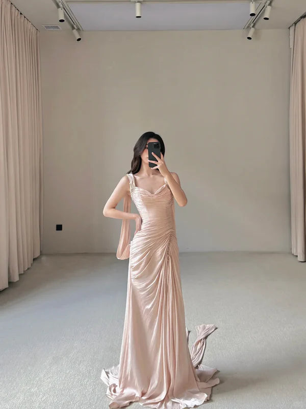 Light Pink Sheath Straps Beaded Pleated Satin Long Wedding Guest Dress Prom Dress