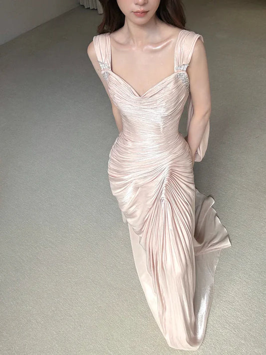 Light Pink Sheath Straps Beaded Pleated Satin Long Wedding Guest Dress Prom Dress
