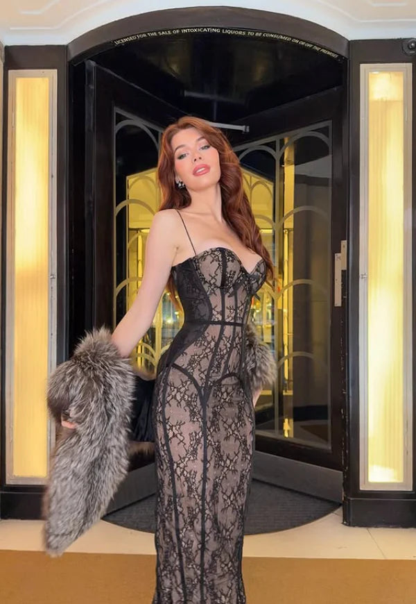 Sexy Sheath Spaghetti Strap Black Lace Prom Dress Party Dress