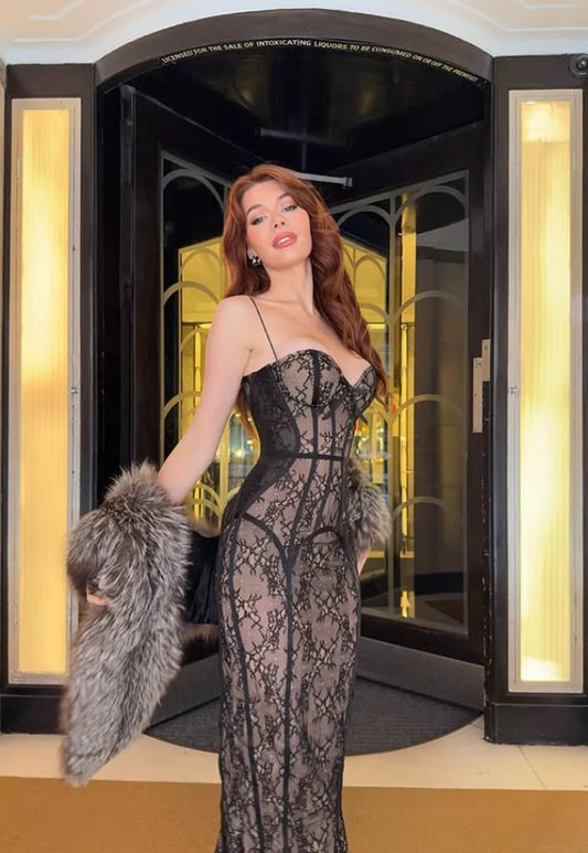 Sexy Sheath Spaghetti Strap Black Lace Prom Dress Party Dress