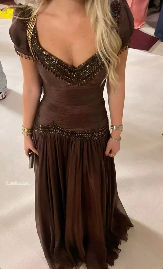 Dark Brown A Line Short Sleeve Beaded Chiffon Long Prom Dress Evening Dress