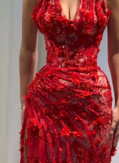 Chic Baby Red Sheath V Neck Beaded 3D Floral Lace Prom Dress Evening Dress