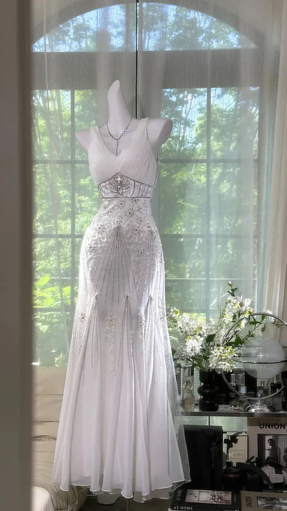 Gentle Mermaid V Neck Shiny Rhinestone White Chiffon Prom Dress Date Dress