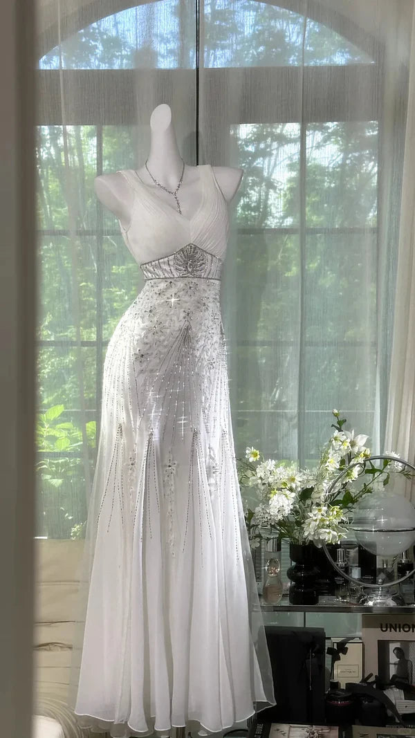 Gentle Mermaid V Neck Shiny Rhinestone White Chiffon Prom Dress Date Dress