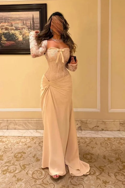 Champagne Long Sleeve Sweetheart Mermaid Prom Dress