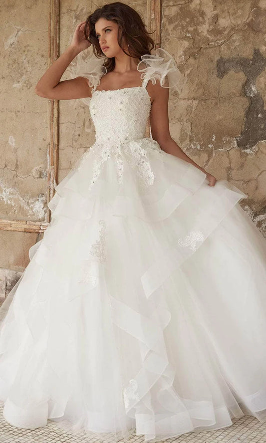 Modern Spaghetti Straps Square Ruffled Bridal Ballgown