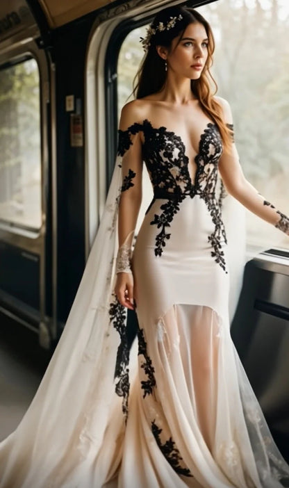 Sexy Off the Shoulder Long Sleeve  V Neck Appliques  Wedding Dresses