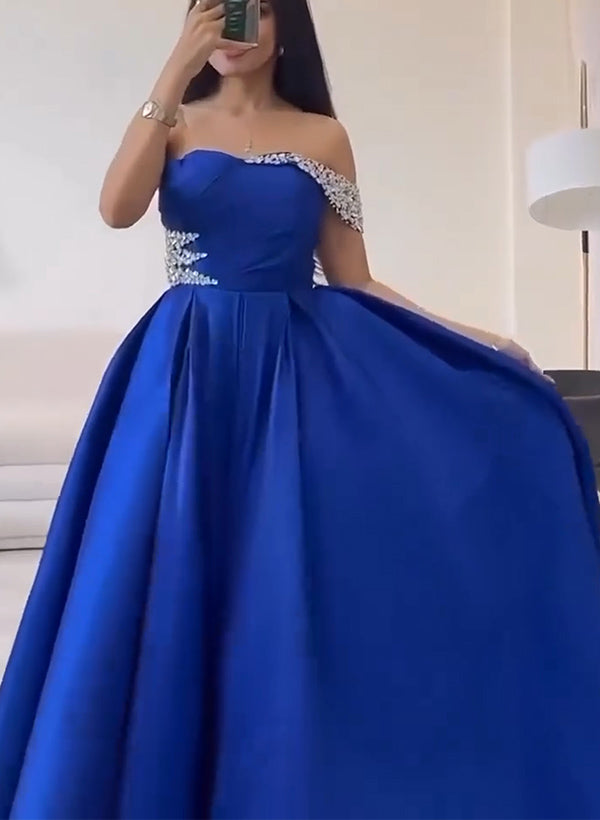 Elegant A-Line One-Shoulder Sleeveless Satin Prom Dresses With Rhinestone