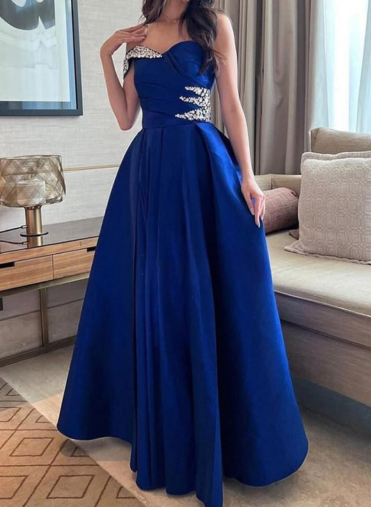 Elegant A-Line One-Shoulder Sleeveless Satin Prom Dresses With Rhinestone