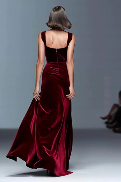 Burgundy Velvet Sheath Ruched Long Holiday Party Dress with Slit