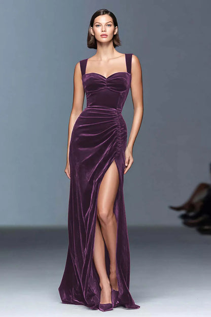 Burgundy Velvet Sheath Ruched Long Holiday Party Dress with Slit