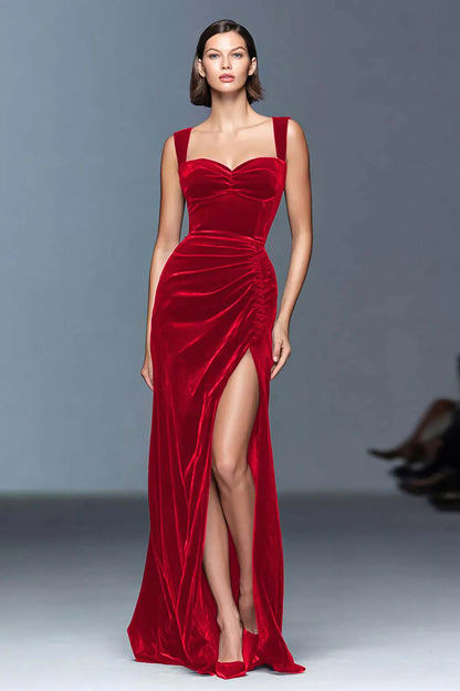 Burgundy Velvet Sheath Ruched Long Holiday Party Dress with Slit