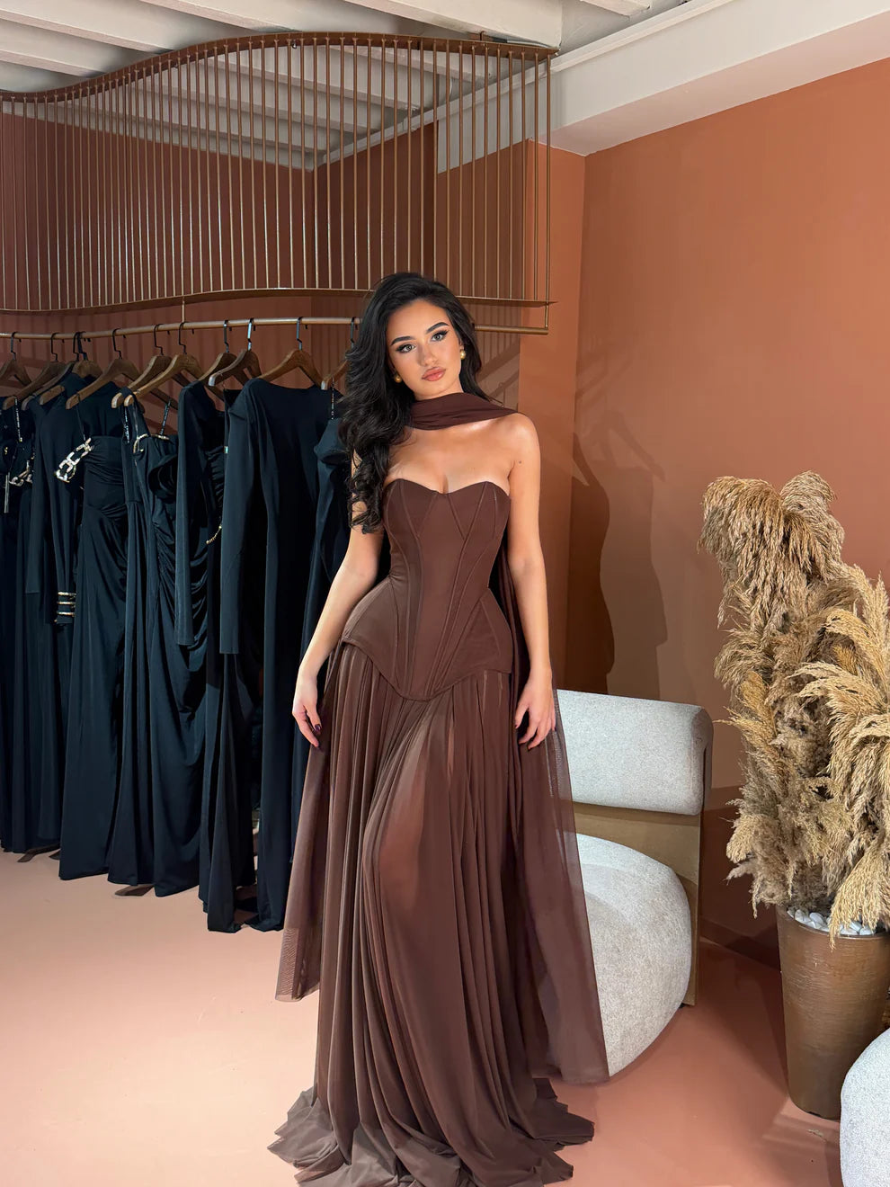 Chic Corset Gown with Draped Chiffon Skirt