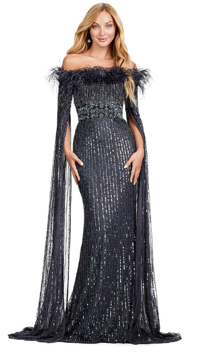 Elegant Feather Detail Off-Shoulder Evening Dress