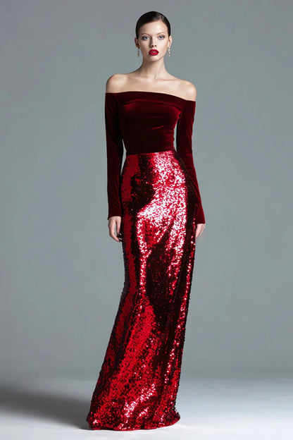 Burgundy Sheath Off the Shoulder Velvet Long Formal Dress
