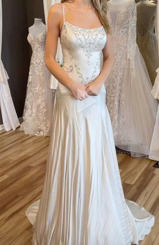 Elegant Spaghetti Straps Mermaid Satin Beading Long Prom Dress Simple Formal Evening Dress