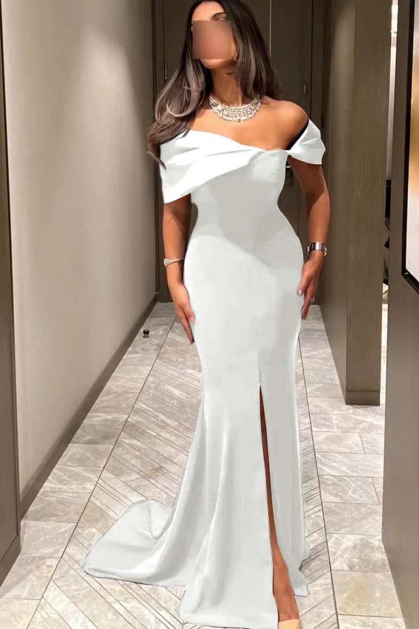 Chic Off the Shoulder Sleeveless Long Mermaid Prom Dress With Pleated