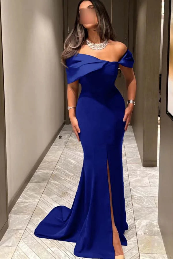 Chic Off the Shoulder Sleeveless Long Mermaid Prom Dress With Pleated