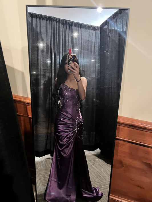 One Shoulder Purple Beaded Long Prom Dress Mermaid Evening Dress