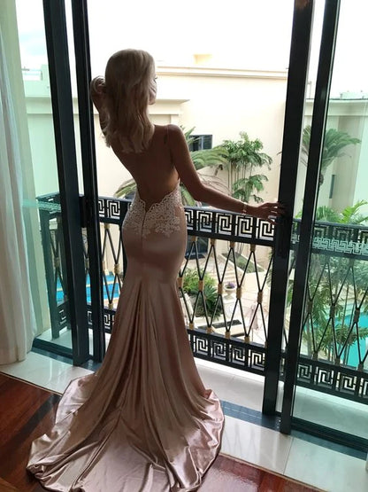 Sexy Mermaid Backless Prom Dress Nude V Neck Long Lace Spaghetti Straps Prom Dresses
