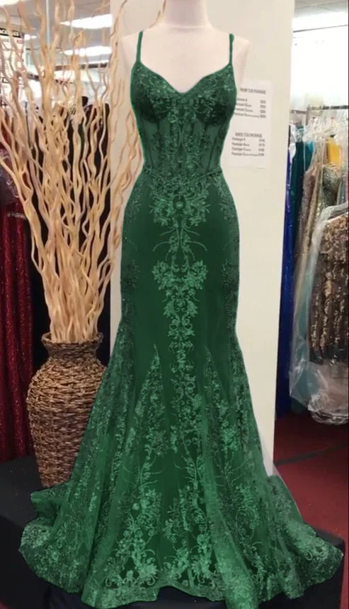 Charming V Neck Lace Mermaid Prom Dress Long Evening Dress