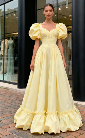 Sweetheart A Line Satin Puffy Sleeve Yellow Prom Dress