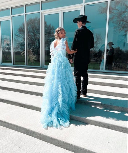 Sky Blue New Style Long Prom Dress Puffy Sleeveless Party Dresses