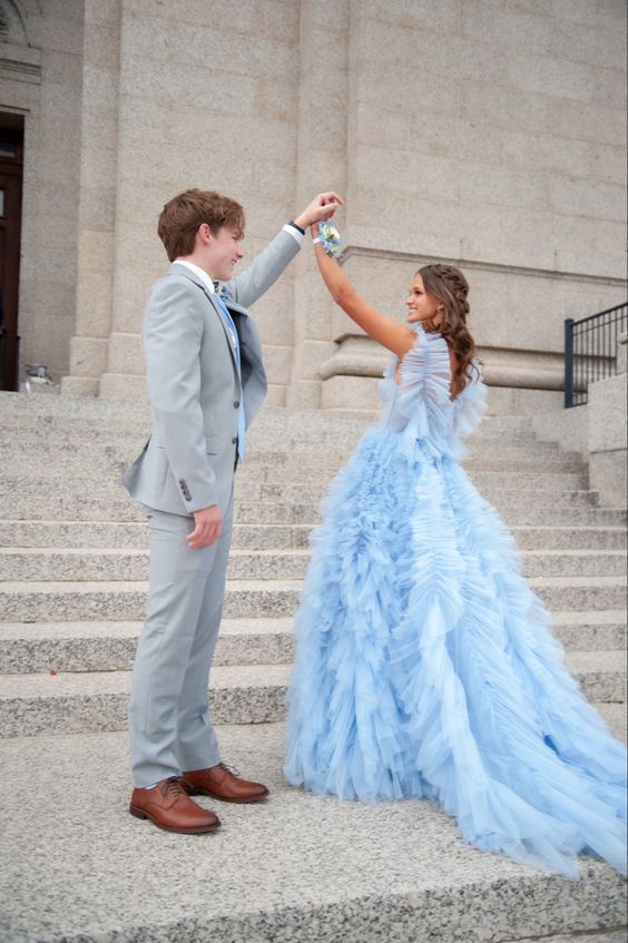 Sky Blue New Style Long Prom Dress Puffy Sleeveless Party Dresses