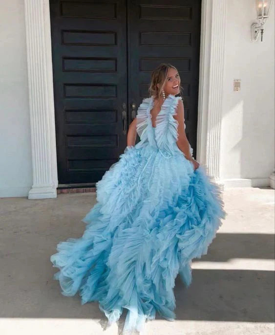 Sky Blue New Style Long Prom Dress Puffy Sleeveless Party Dresses