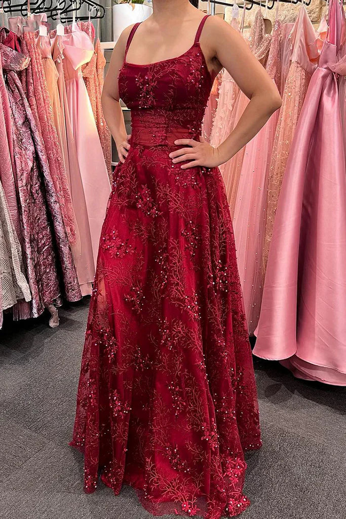 Elegant A-line Square Neck Straps Empire Waist Beaded Lace Burgundy Prom Dress