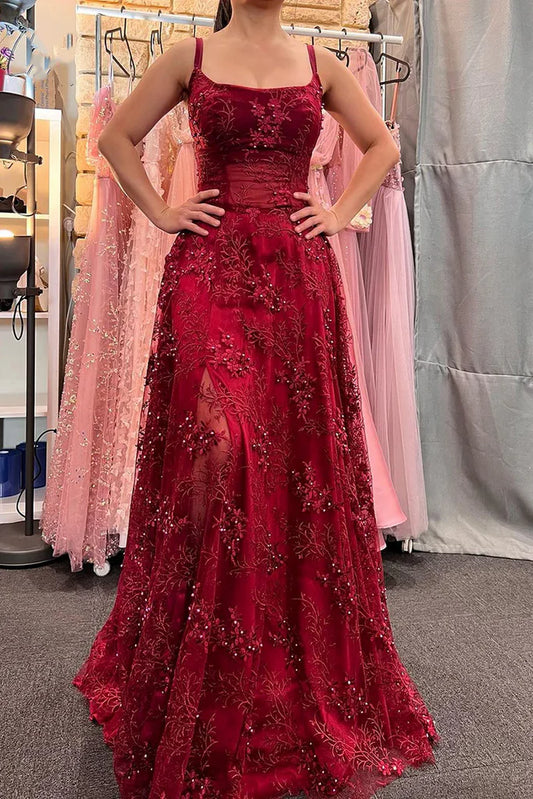 Elegant A-line Square Neck Straps Empire Waist Beaded Lace Burgundy Prom Dress