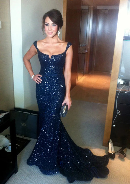 Mermaid Notched Sleeveless Floor Length Court Navy Blue Sequins Evening Dress