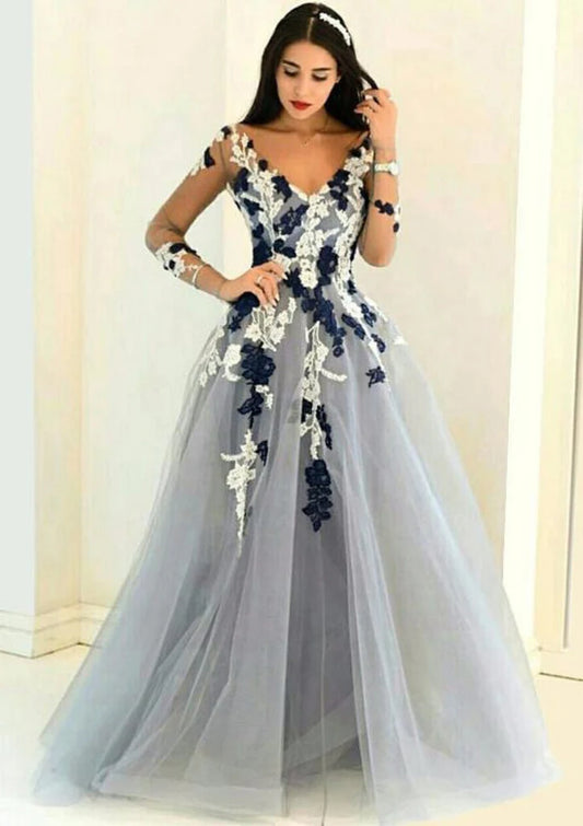 Gray Tulle Floor Length Princess Sheer Long Sleeve V-Neck Prom Dress