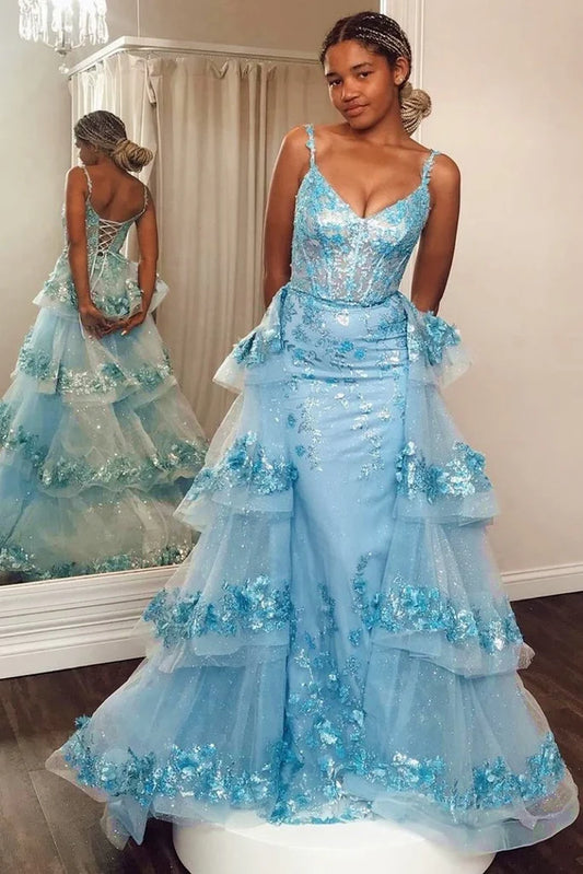 Mermaid Blue Sequin Lace V-Neck Organza Pageant Dress, Tiered Train