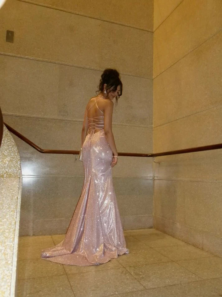 Shinny Sleeveless Long Party Gowns Pink Evening Dresses
