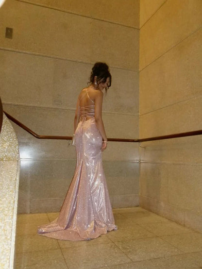 Shinny Sleeveless Long Party Gowns Pink Evening Dresses
