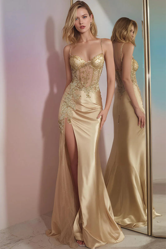 Sparkly Golden Corset Mermaid Long Prom Dress with Slit