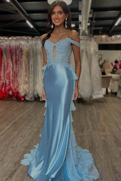 Lace Corset Blue Prom Dress Off the Shoulder with Ruffle