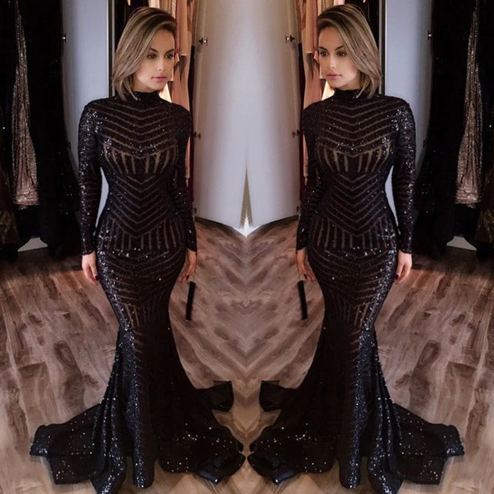 Sexy Black Mermaid High Neck Evening Gowns Long-Sleeves Sequined Prom Dress